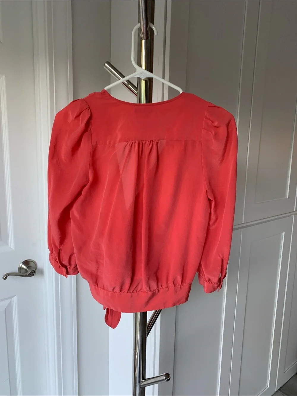 Madewell Coral-Red Silk Wrap Blouse with Tie Waist, Size XS.